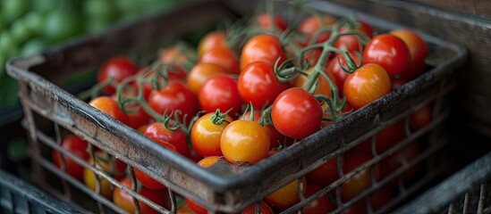 A dark metal basket overflowing with a variety of small round tomatoes, showcasing a colorful mix of red and yellow.