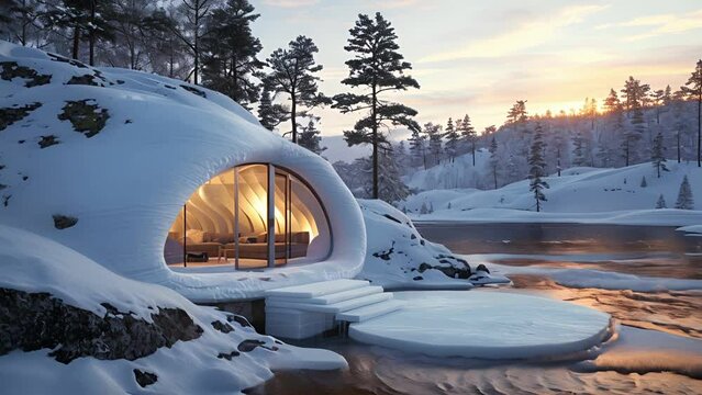 An ecofriendly offgrid dwelling inspired by traditional Inuit igloos built on a foundation of specialized ice blocks designed to melt away slowly and harmlessly in the summer