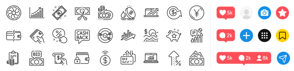 Wallet, Check investment and Contactless payment line icons pack. Social media icons. Targeting, Money transfer, Increasing percent web icon. Payment methods, Bid offer, Card pictogram. Vector