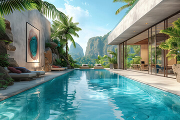 Obraz premium A large swimming pool is surrounded by tall palm trees, creating a tropical oasis setting, mockup