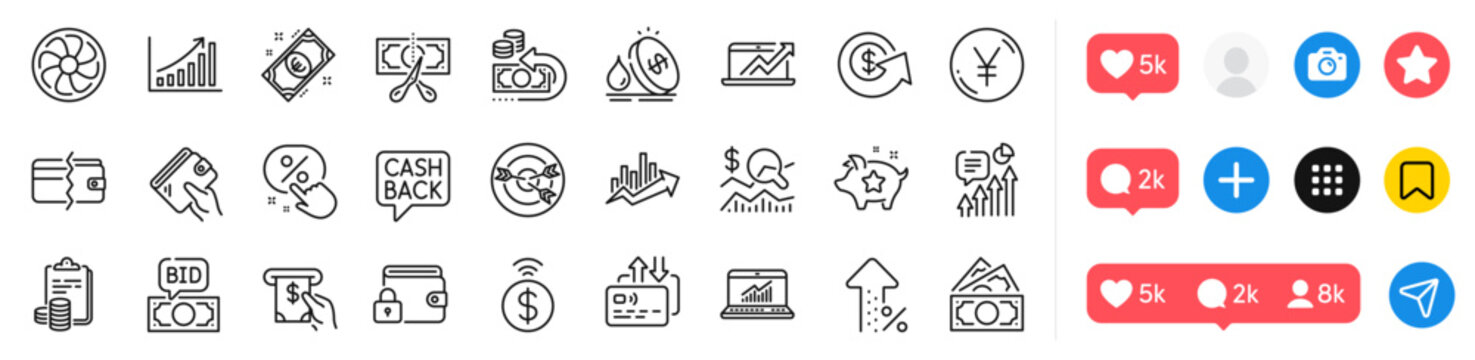 Wallet, Check investment and Contactless payment line icons pack. Social media icons. Targeting, Money transfer, Increasing percent web icon. Payment methods, Bid offer, Card pictogram. Vector
