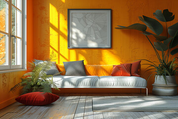 A cozy living room featuring vibrant orange walls and a sleek white couch as the focal point of the room, mockup