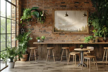 Keuken spatwand met foto A room overflowing with various plants located adjacent to a fully stocked bar in a restaurant setting, mockup © alenagurenchuk