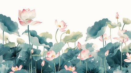 Traditional Asian watercolor style painting of a pink lotus flower with detailed petals and large lily pads, symbolizing purity and enlightenment.