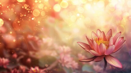 Obraz na płótnie Canvas Dreamy image of a white lotus flower with a soft glow against a magical, bokeh light background, conveying a sense of peace and mysticism. Vesak day background, space for text