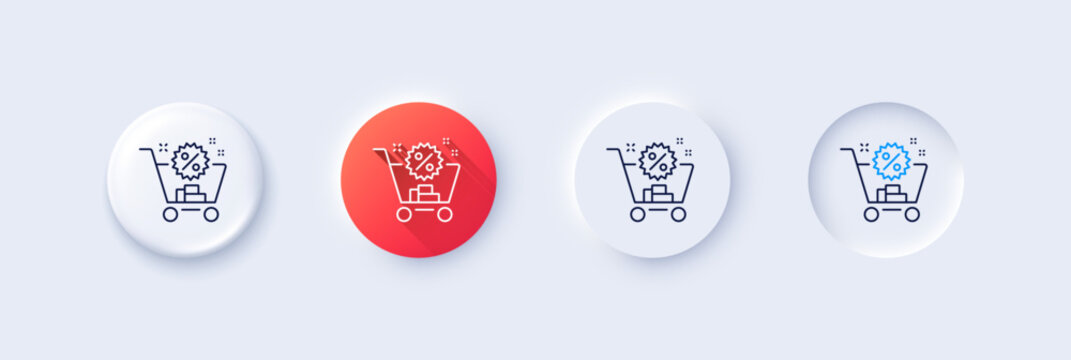 Shopping Cart Line Icon. Neumorphic, Red Gradient, 3d Pin Buttons. Sale Discounts Sign. Clearance Symbol. Line Icons. Neumorphic Buttons With Outline Signs. Vector