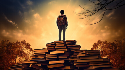 Knowledge Is The Path To Success. The man on top of a mountain of books. Conceptual web illustration for power of knowledge. - obrazy, fototapety, plakaty