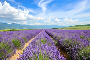 lavender purple flowers in rows farm field meadow blue sky with puffy white clouds mountain range