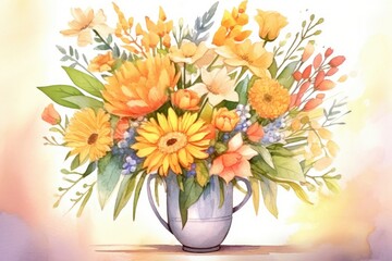 A flowerfilled vase brightens up the table with yellow petals