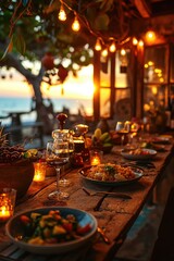 A wooden table set with food, wine glasses, and tableware for an event by the sea shore on vacation