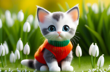 Spring card poster for calendar with cute miniature tabby kitten, in knitted jumper, with snowdrops in the background. Lovely thoroughbred kitty. Spring banner wallpaper