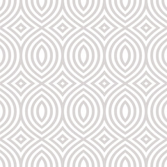 Fototapeta na wymiar Vector abstract geometric seamless pattern in arabesque style. Subtle beige and white background with curved lines, simple shapes, grid. Elegant minimal ornament texture. Repeat decorative geo design
