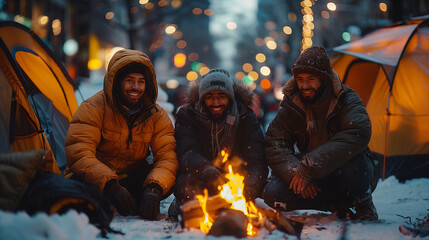 Solidarity in adversity: group of homeless people gather around a fire, forging connections