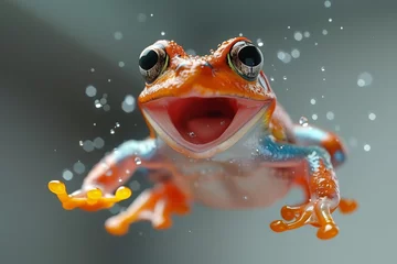 Deurstickers Jumping or falling cute funny orange frog with spreaded paws and open smiling mouth isolated on gray background.  © vellot