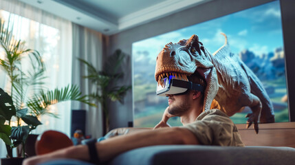 a man wearing augmented, virtual reality glasses watches a realistic 3D movie about dinosaurs. A...