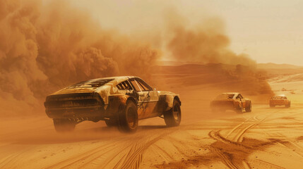 Vintage cars race in post-apocalyptic world, old vehicles drive on desert like fantastic movie. Concept of fantasy, dystopia, sport, speed, hot, apocalypses and future - obrazy, fototapety, plakaty