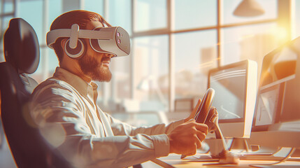 A man in VR glasses sits at a table and controls a virtual machine using a steering wheel. modern illustration - obrazy, fototapety, plakaty