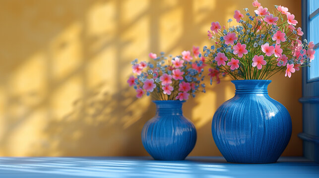 Two blue vases with pink flowers against the background of a yellow painted wall near the window