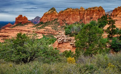 Red rock formations of Damfino Canyon in Sedona Arizona on a cloudy day - 747593330
