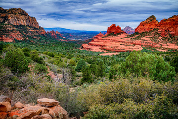 Red rock formations of Damfino Canyon in Sedona Arizona on a cloudy day - 747593332