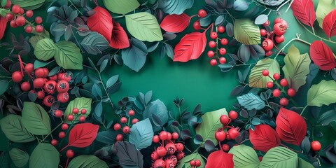 Forest berries and leaves mockup background. Flat lay top view green wild plants background. Negative space for design, template for packaging, goods, products, 3D, paper layered cut style