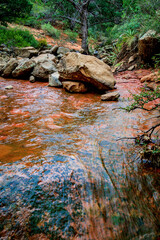 A small creek flows through the red rocks of Damfino Canyon near Sedona Arizona - 747593390
