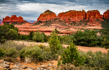 Red rock formations of Damfino Canyon in Sedona Arizona on a cloudy day - 747593502
