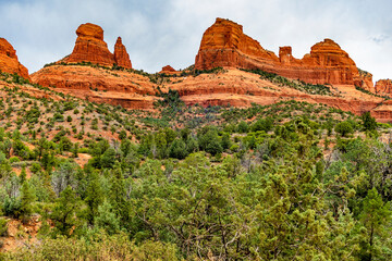 Red rock formations of Damfino Canyon in Sedona Arizona on a cloudy day - 747593553