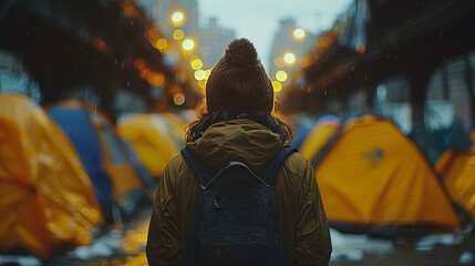 Tent community: A homeless woman stands amidst a cluster of tents in outdoor encampment - obrazy, fototapety, plakaty