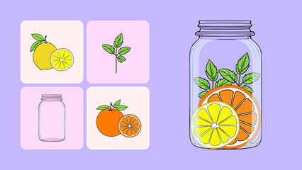 Lemonade and elements for making lemonade. Vector illustrations. Lemon, orange, mint, transparent lemonade jar. Minimalist flat modern design.