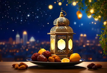 Ramadan and Eid Mubarak lamp photo featuring a chic crescent moonlight and a bright glow in high...