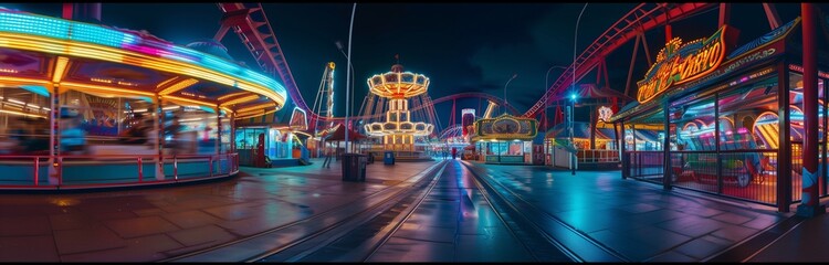 Fototapeta na wymiar empty amusement park in the night with lights of blue and magenta colors