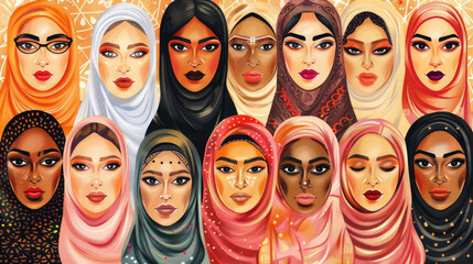 A painting depicting a diverse group of women wearing colorful headscarves - obrazy, fototapety, plakaty