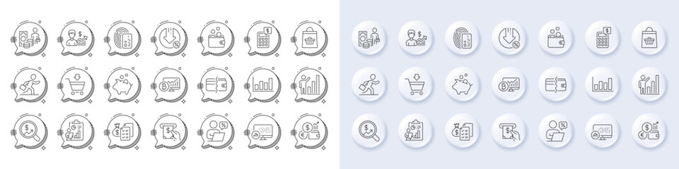 Business growth, Piggy bank and Accounting wealth line icons. White pin 3d buttons, chat bubbles icons. Pack of Currency audit, Card, Loan percent icon. Vector
