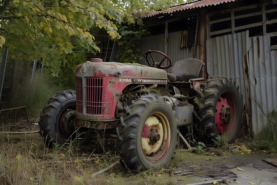 old dusty broken down red tractor next to a dilapidated barn  - Powered by Adobe
