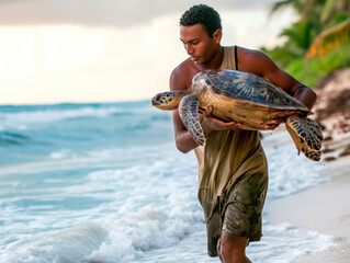 A Latin man saves a large turtle, carries it to release it into the sea, saving turtles, copy of the space