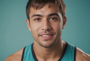 An athletic man in a teal tank top poses with a focused expression. He is against a blue backdrop.