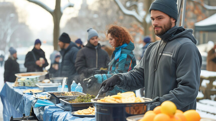 At outdoor charity event, volunteers offer food and support to homeless and refugees in need - obrazy, fototapety, plakaty