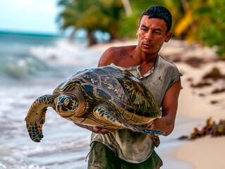 Close-up of a Latin man saving a large turtle, carrying it to release it into the sea, saving turtles, copy space