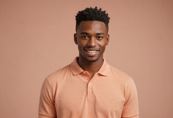 A young adult male smiling confidently, standing against a peach background. He appears approachable and friendly.