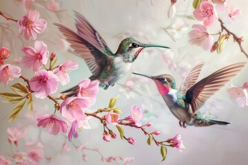 two cute and colourful humming birds with flowers Generative AI
