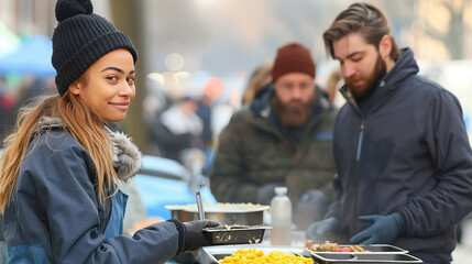 Volunteers come together to offer nourishment to the homeless people and refugees outdoors