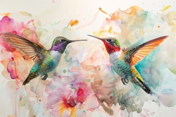 two colorful watercolor hummingbirds flying above colorful flower backgrounds Generative AI