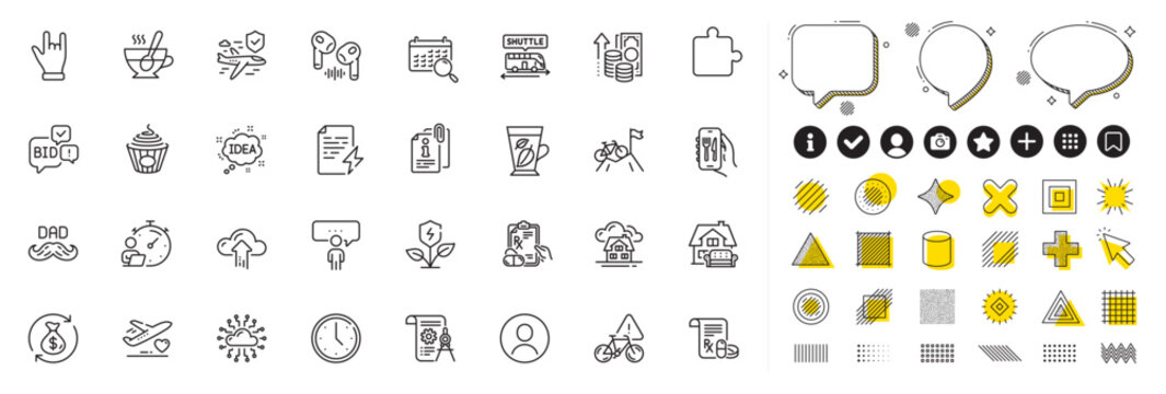 Set of Father day, Prescription drugs and Eco power line icons for web app. Design elements, Social media icons. Bid offer, Horns hand, Search calendar icons. Vector