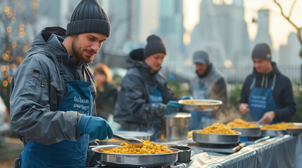 Compassionate volunteers gather to share meals and companionship with homeless individuals - obrazy, fototapety, plakaty