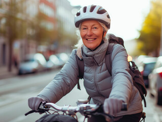 Close-up of a cheerful senior woman in a helmet riding a bicycle alone on the street, active lifestyle concept