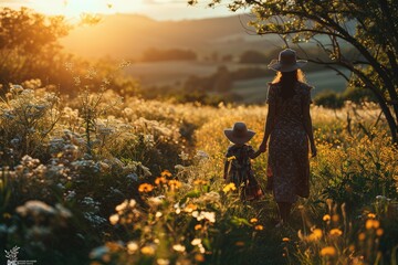 A woman and child stroll through a flowerfilled meadow at sunset - obrazy, fototapety, plakaty
