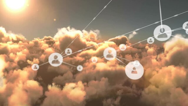 Animation of network of connections with icons over clouds