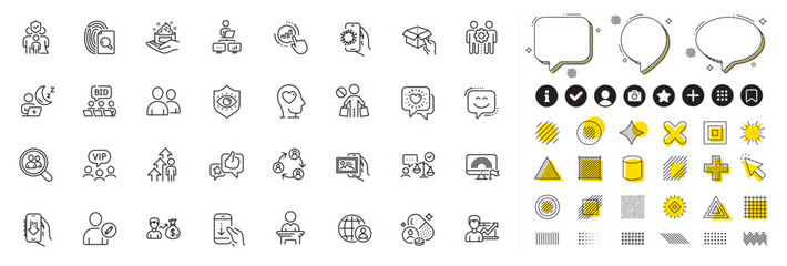 Set of Friends chat, Graph chart and Hold box line icons for web app. Design elements, Social media icons. Eye protection, Employees teamwork, Download app icons. Vector