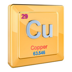 Copper Cu, chemical element sign with number 29 in periodic table. 3D rendering isolated on transparent background